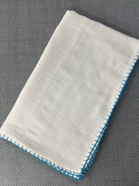 Trambia Blanket with Handsewn Edges (White/Aqua Blue)