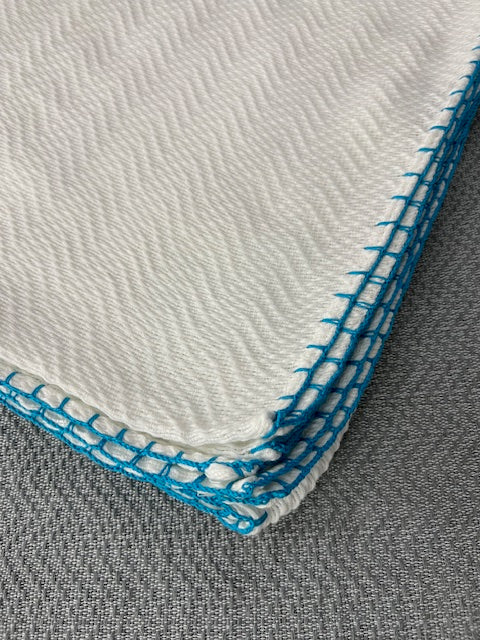 Trambia Blanket with Handsewn Edges (White/Aqua Blue)