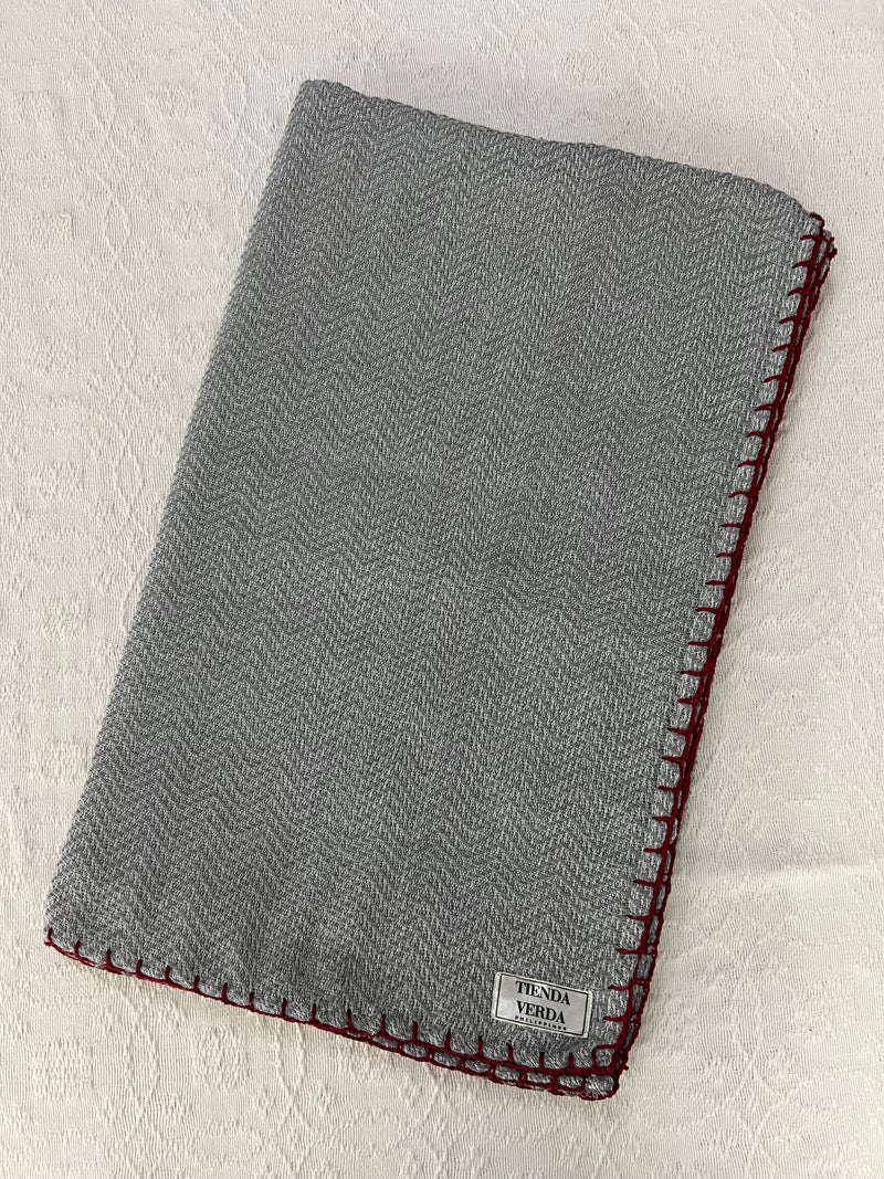 Trambia Blanket with Handsewn Edges (Gray/Deep Red)