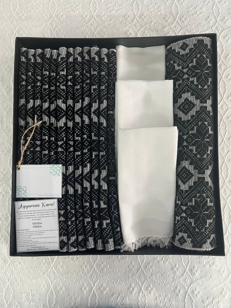 Lotus in Black | 12-Seater | Pinilian Runner, Placemats, & Napkins Gift Box